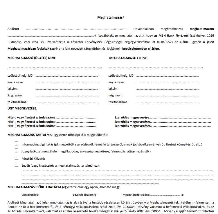 MBH Banki ügyintézéshez meghatalmazás minta