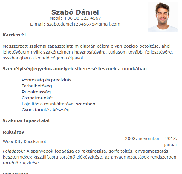 Gyakorlattal rendelkező raktáros önéletrajz minta letöltése