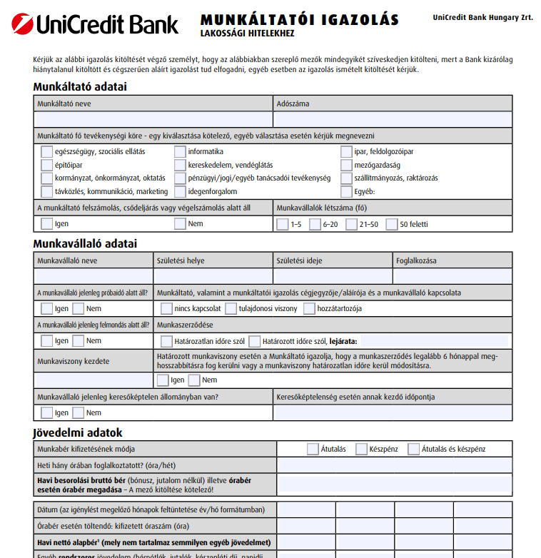 UniCredit Bank Munkáltatói igazolás