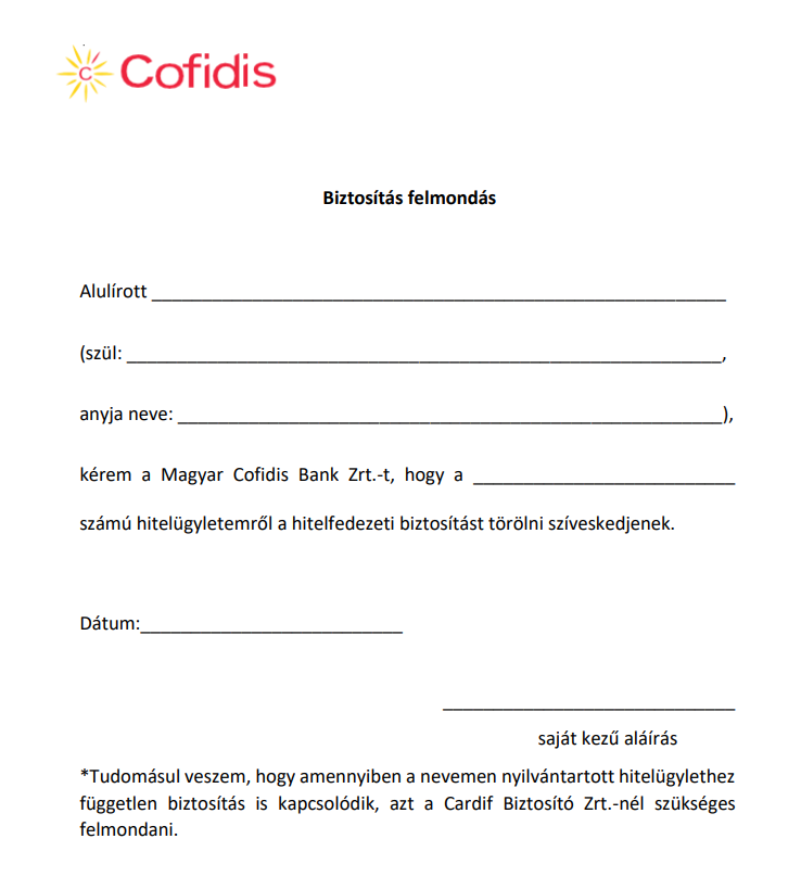 Cofidis Bank biztosítás felmondása – minta és tudnivalók