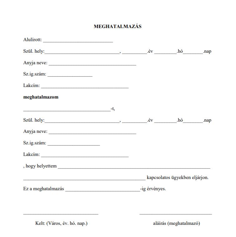 Meghatalmazás hivatalos ügyintézéshez minta