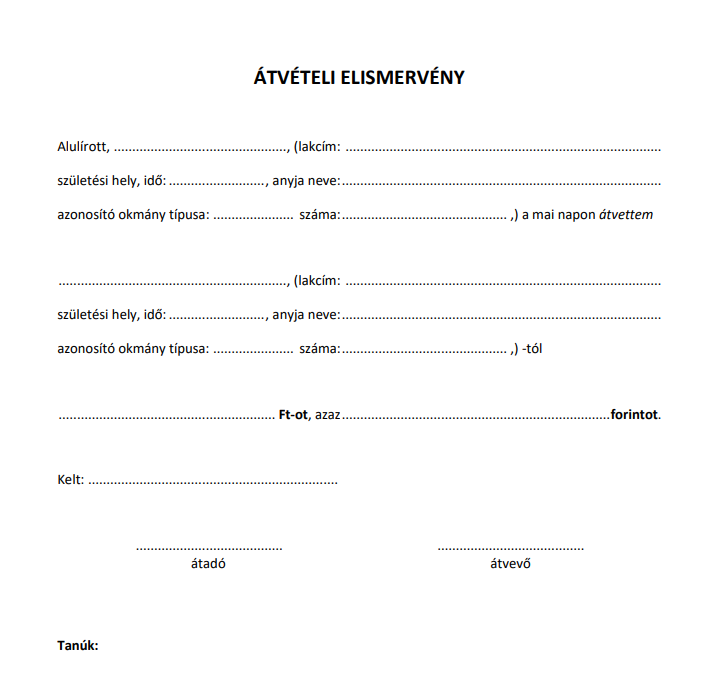 Pénzátadásról szóló nyilatkozat minta – ingyenes és szerkeszthető