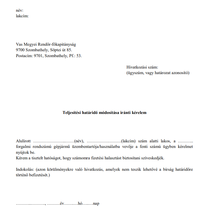 Teljesítési határidő módosítása iránti kérelem minta – ingyenes