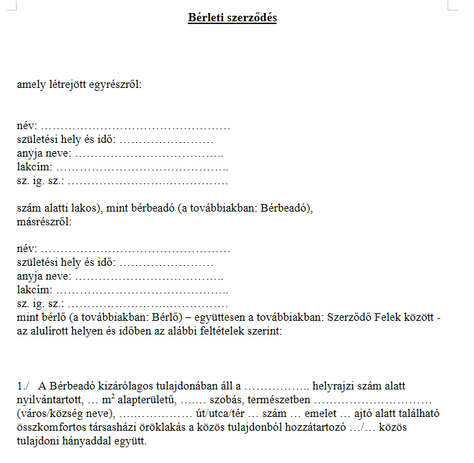 Lakás bérleti szerződés minta – ingyenes és szerkeszthető