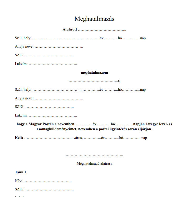 Postai átvételhez meghatalmazás minta – ingyenes