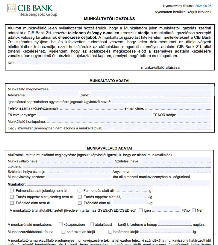 Cib Bank Munkáltatói igazolás