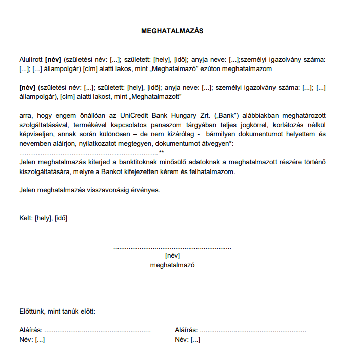 UniCredit Banki ügyintézéshez meghatalmazás minta