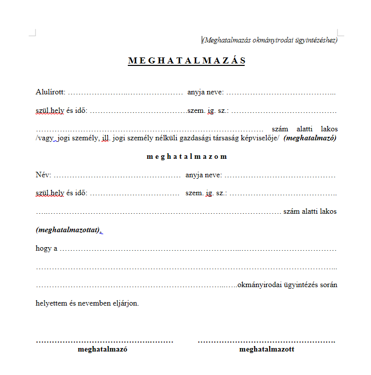 Meghatalmazás okmányirodai ügyintézéshez minta