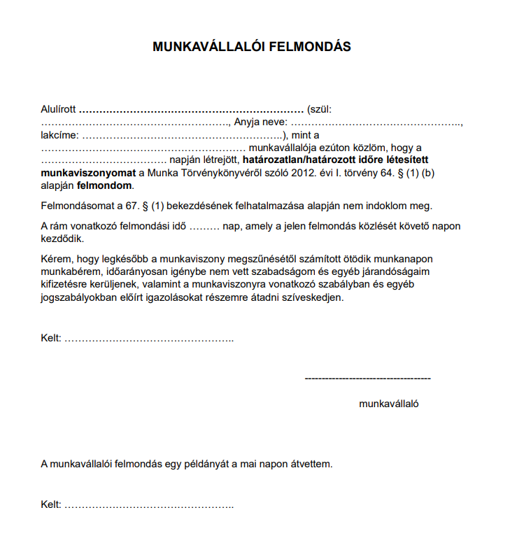 Felmondó levél minta – ingyenes és szerkeszthető