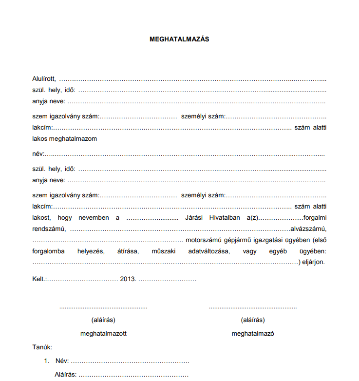 Meghatalmazás gépjármű ügyintézéshez minta (ingyenes és szerkeszthető)