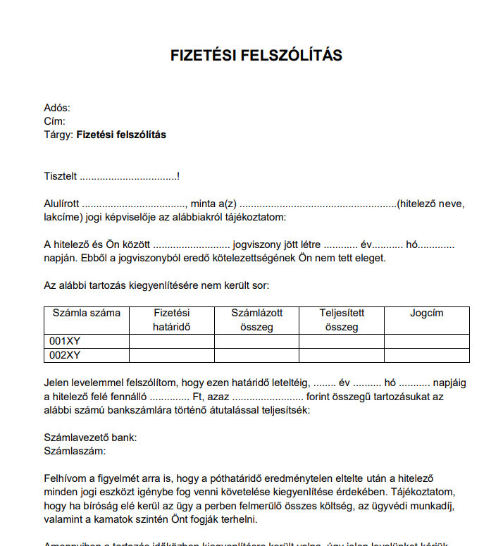 Fizetési felszólítás minta