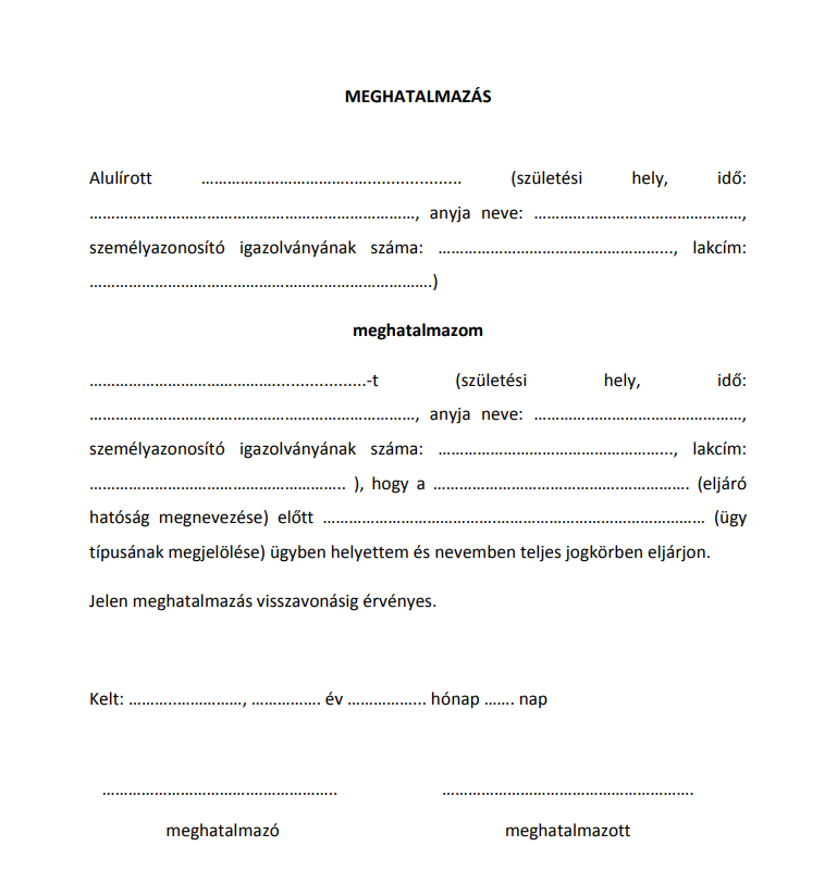 Általános meghatalmazás minta