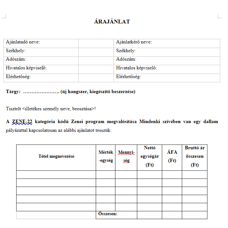 Árajánlat minta – ingyenes és szerkeszthető