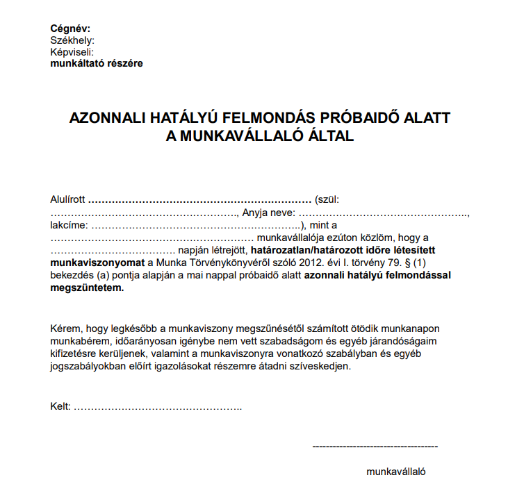 Próbaidő alatti felmondó levél minta – ingyenes és egyszerű