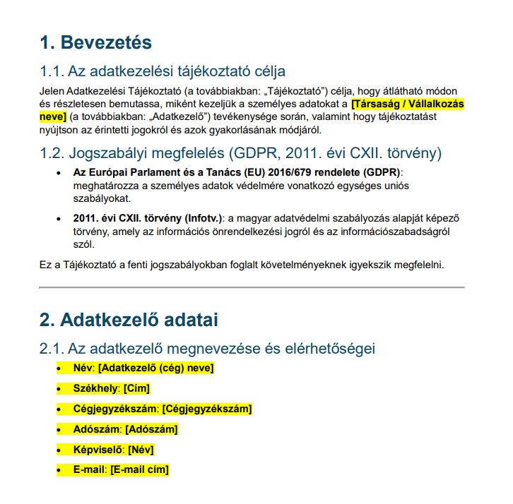 GDPR adatvédelmi és adatkezelési szabályzat 2026 minta – ingyenes