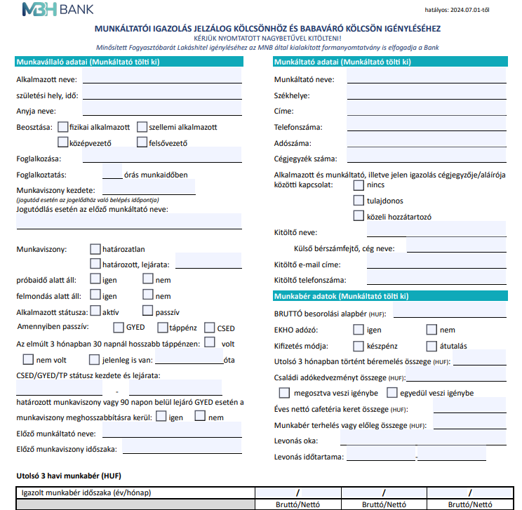 MBH Bank Munkáltatói igazolás