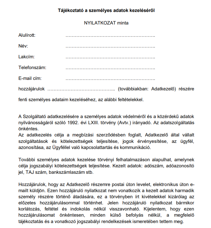 Adatkezelési hozzájáruló nyilatkozat minta – ingyenes