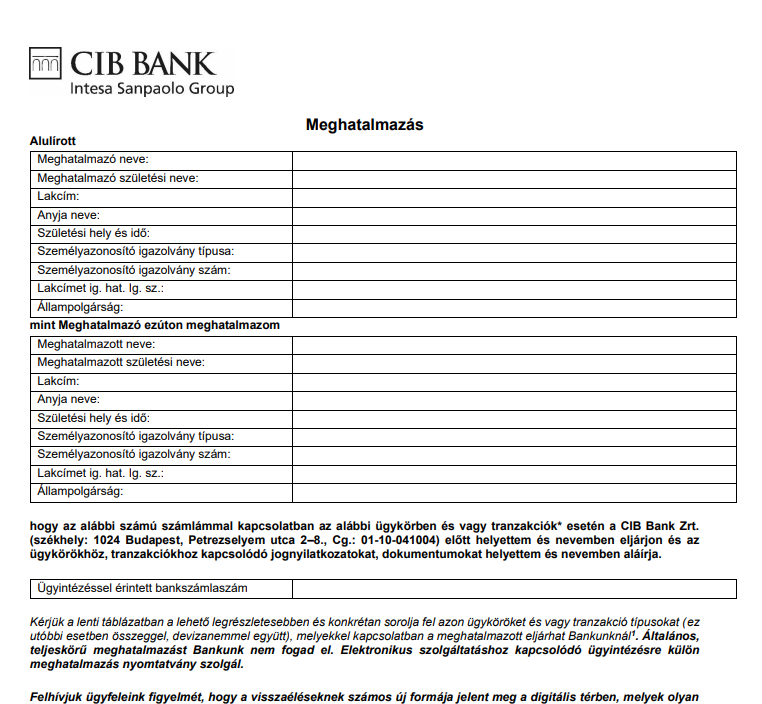 CIB Banki ügyintézéshez meghatalmazás minta