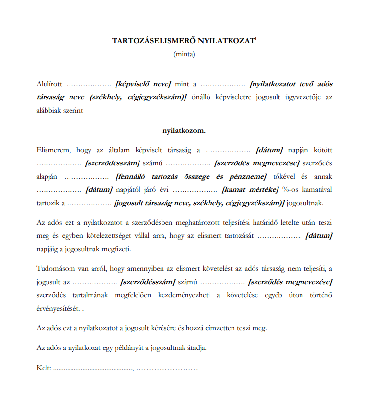 Tartozáselismerő nyilatkozat minta – ingyenes és szerkeszthető