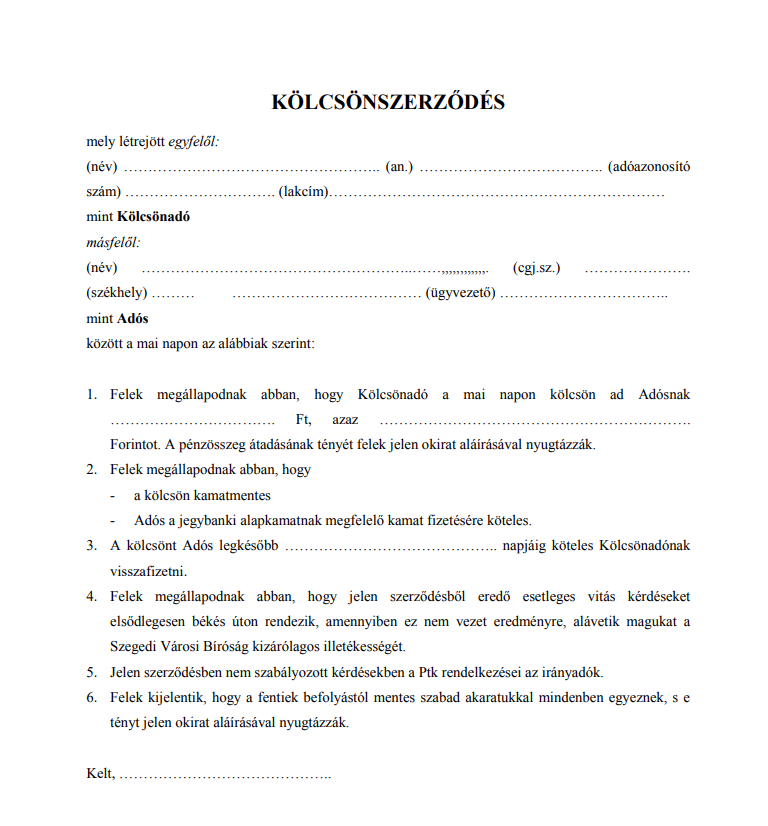 Kölcsönszerződés minta magánszemélyek között