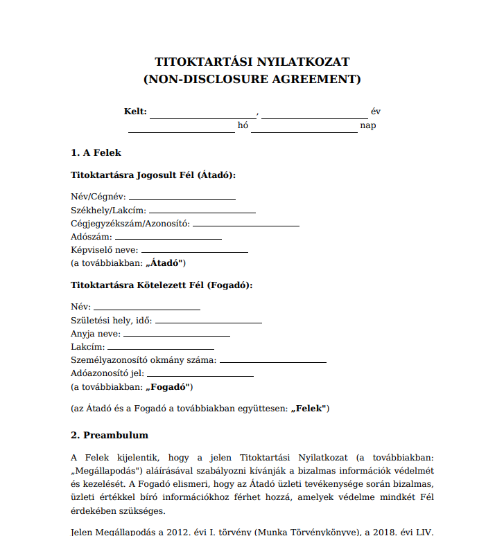 Titoktartási szerződés (NDA) minta – ingyenes