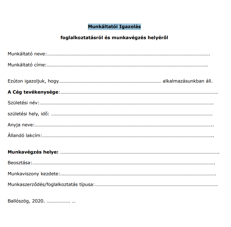 Munkáltatói Igazolás minta
